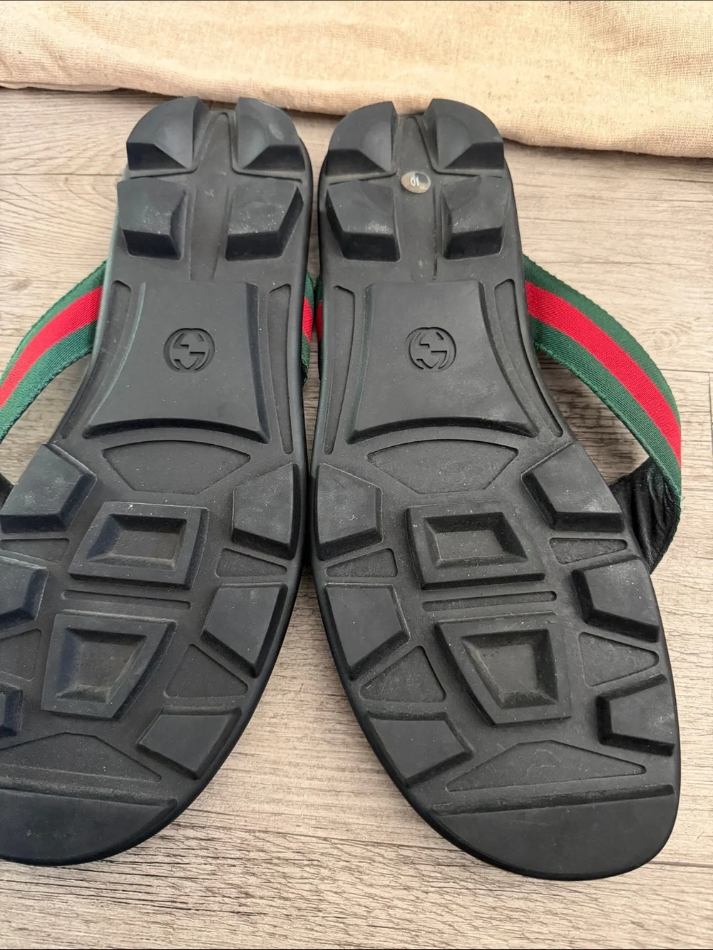 Gucci Black Leather Flip Flops with Green and Red Web Stripe